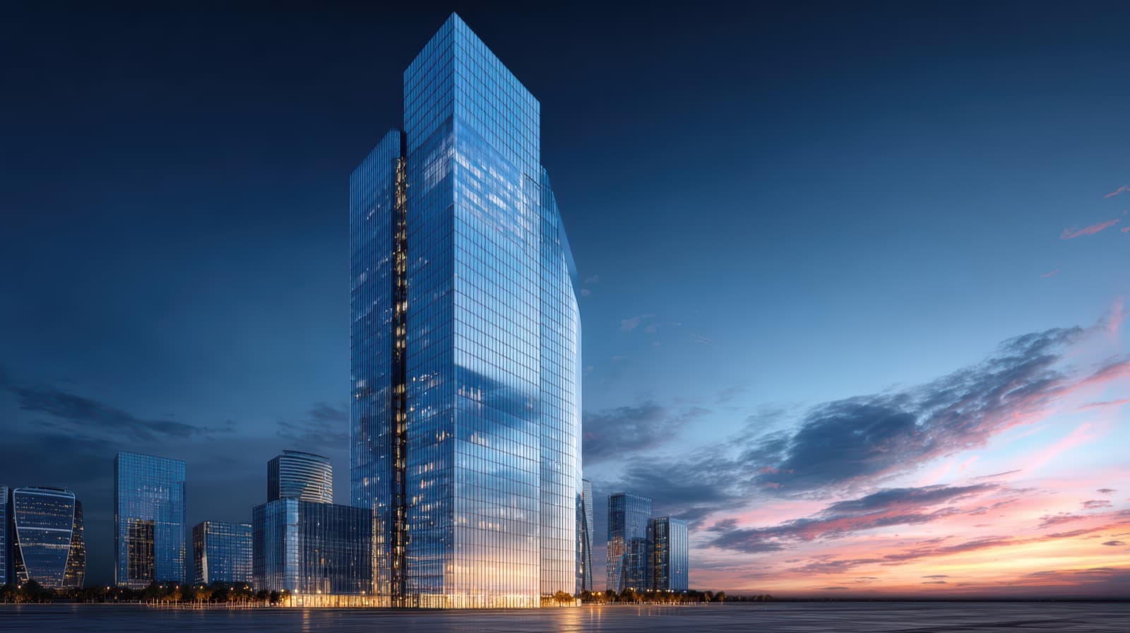 A modern glass tower reflecting a twilight sky